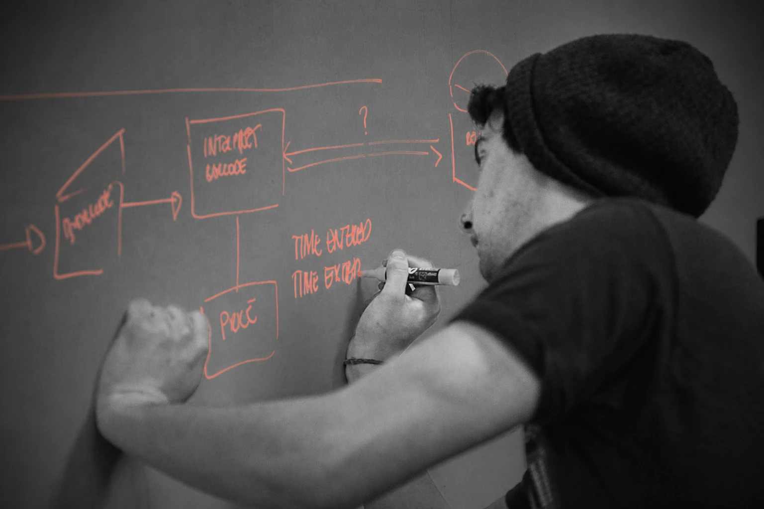 An engineer drawing a connected workflow on a whiteboard